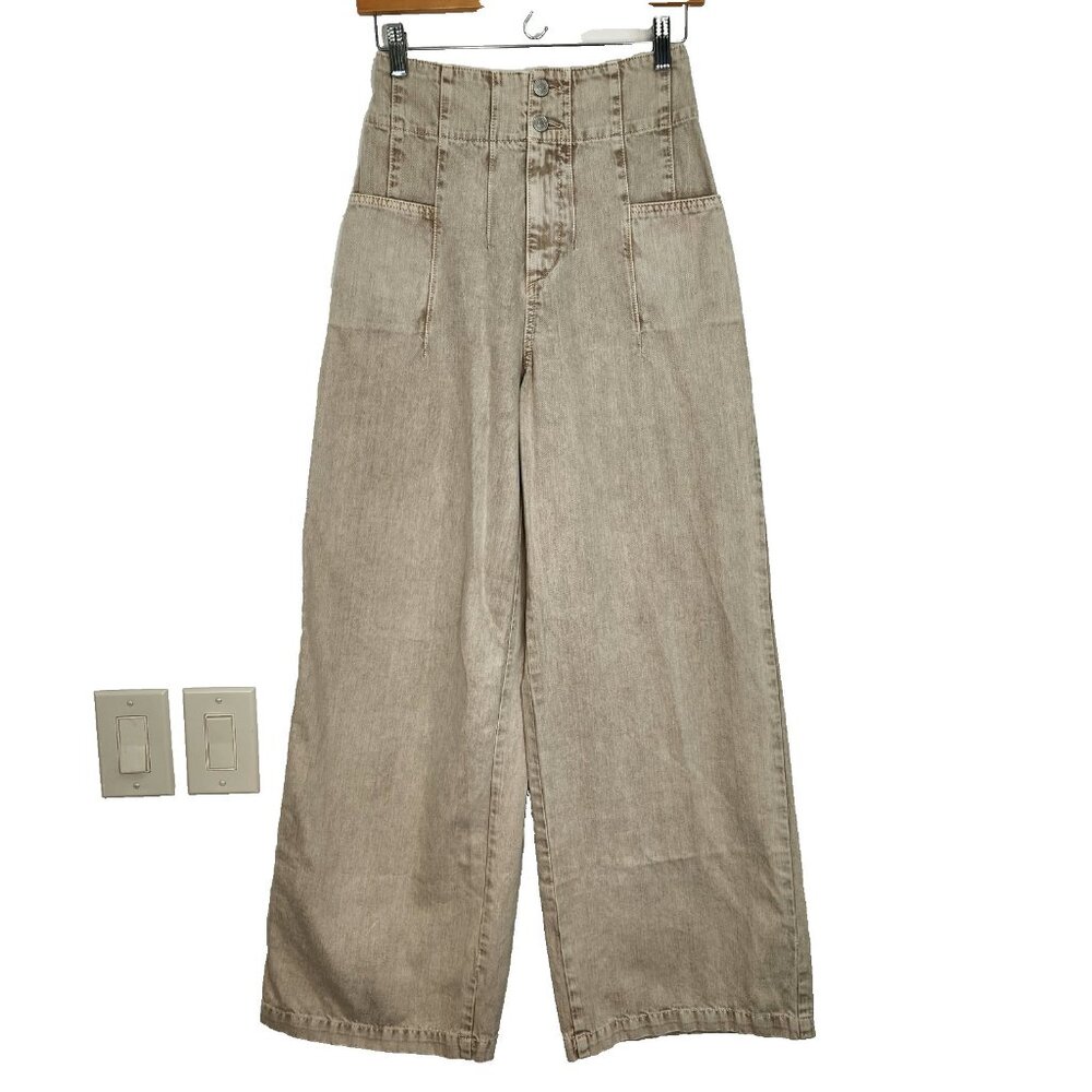 Free People We The Free Midnight City Wide Leg Jeans 26 Beige High Rise Pleated